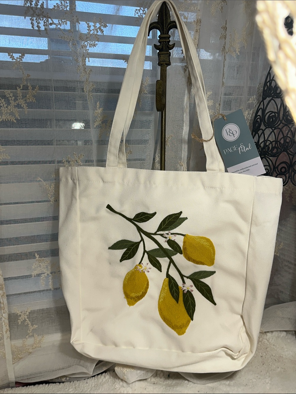 Page& petal lemon branch embroidered canvas tote bag